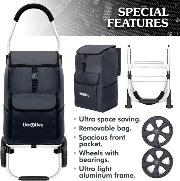 Ultra-Lightweight Black Foldable Shopping Cart for Groceries - Large 42L Capacity Soft Rolling Wheels, Removable Bag, Multi-Function Personal Hand Truck - Image 4