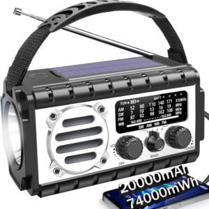Emergency Radio, 20000mAh/74000mWh Weather Radio, Solar Hand Crank Radio with AM/FM/NOAA/SW Weather,Flashlight & Reading Lamp, SOS Alarm, Phone Charger for Indoor Outdoor Emergency