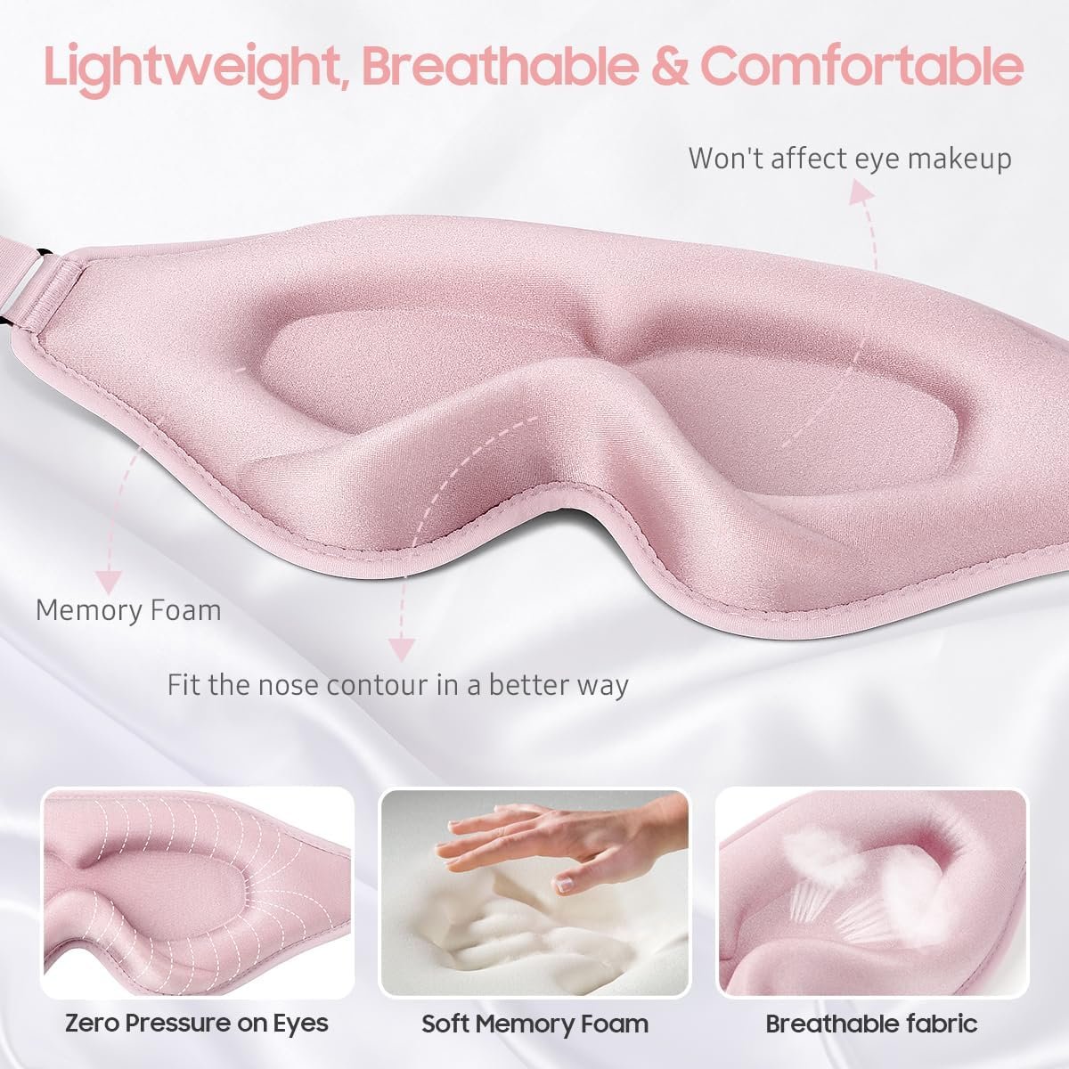 Sleep Mask, Premium Eye Mask for Sleeping, Total Blackout, Super Soft Comfort, Adjustable Fit, Upgraded 3D Ergonomic Designed Sleeping Mask for Home, Office, Travel, Meditation, Yoga, Pink - Image 3