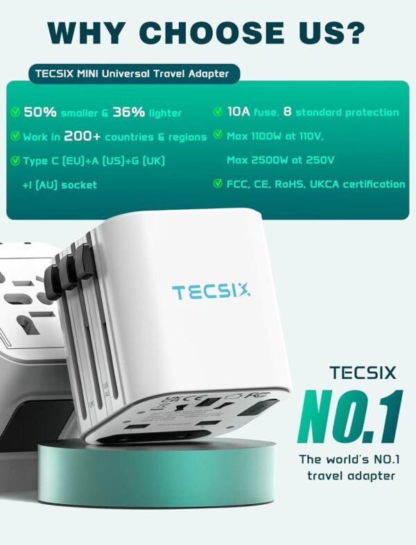 Universal Travel Adapter Worldwide, TECSIX Compact Travel Power Plug Adapter (Type A C G I), 2500W Internetional Wall Charger Outlet Adaptor to Europe, India, UK, US, AUS, Asia 200+ Countries - Image 9