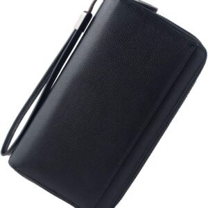 Travel Document Organizer RFID Blocking Leather Multiple Passport Wallet Family Holder Id Wrist Strap(Black)