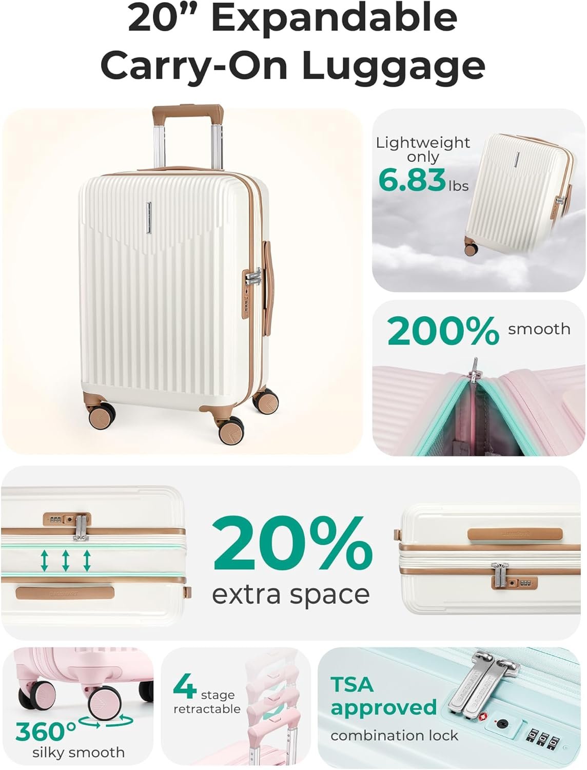 BAGSMART Carry On Luggage 22x14x9 Airline Approved with Spinner Wheels,100% PC Hardside Expandable Luggage with TSA Lock for Trips, 20 Inch Rolling Suitcases for Men Women,Beige - Image 2