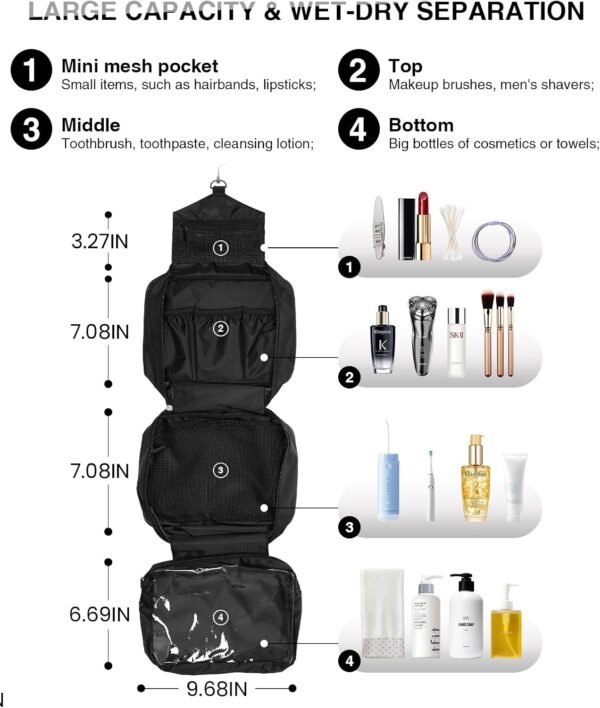 Travel Toiletry Bag for Women Men - Portable Large Hanging Organizer Makeup Bag for Cosmetic, Shampoo, Conditioner, Brushes Set, Cosmetic, Travel Accessories Essentials, Black - Image 3