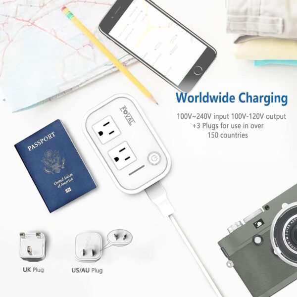 FOVAL Power Step Down 220V to 110V Travel Voltage Converter International Power Adapter for Hair Straightener/Curling Iron with 4-Port USB Charging US/UK/AU/EU Universal Plug Adapter (White) - Image 7