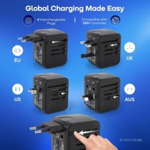 Universal Travel Adapter with 3USBA + 1USBC Port, All-in-1 Worldwide Travel Adapter | European to UK Plug Adaptor | International Travel Plug Adapter for US/EU/AUS/UK