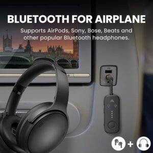 Avantree Relay – Airplane Bluetooth 5.3 Adapter with Qualcomm aptX Adaptive, Supports 2 AirPods or Headphones, 20Hr Playtime, 3.5mm AUX Wireless Audio Transmitter for Travel Flight, Airline, Gym