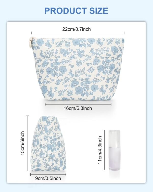 Small Makeup Bag, Portable Roomy Cosmetic Bag for Women, Floral Make Up Pouch, Mini Toiletry Bag Accessories Organizer for Trip, Office Stationery - Blue Flower - Image 4
