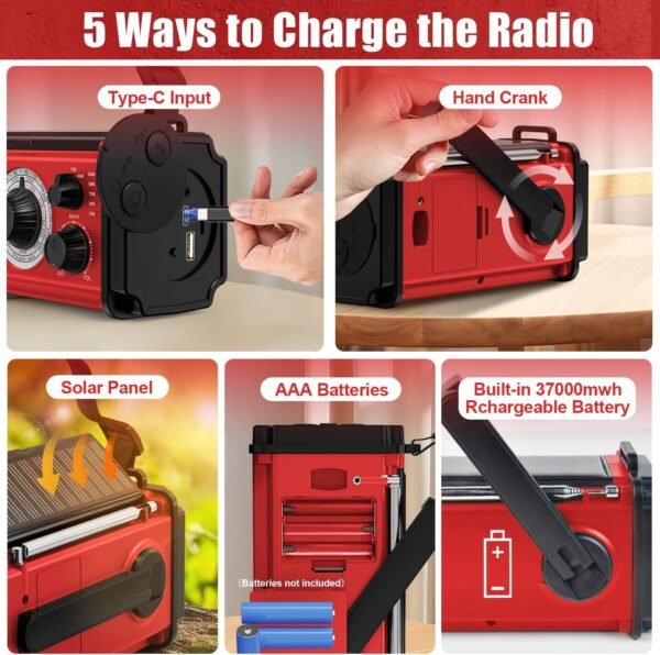 37000mWh Hand Crank Emergency Radio, Portable Solar AM/FM/NOAA Weather Radio with Rechargeable Battery Powered, USB Charger, SOS Alarm, Flashlight/Reading Lamp for Home Outdoor Survival-Red - Image 6