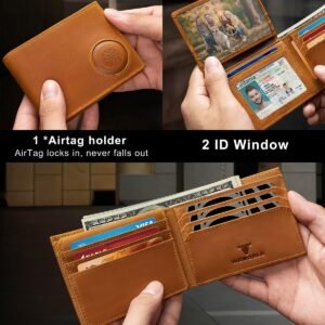 Men’s Wallet with Airtag Holder, Full-Grain Leather Wallet for Apple Air Tag, Airtag Wallet Men with 2 ID Windows, 13 Card Slots
