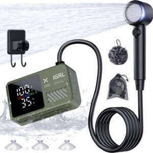 Portable Shower for Camping, Powerful 10L/Min Water Flow, Rechargeable Shower Pump with Bath Sponge, 4 Spray Modes, IPX8 Waterproof, 7800mAh Battery, Ideal for Hiking, Travel, Car Wash, Pet