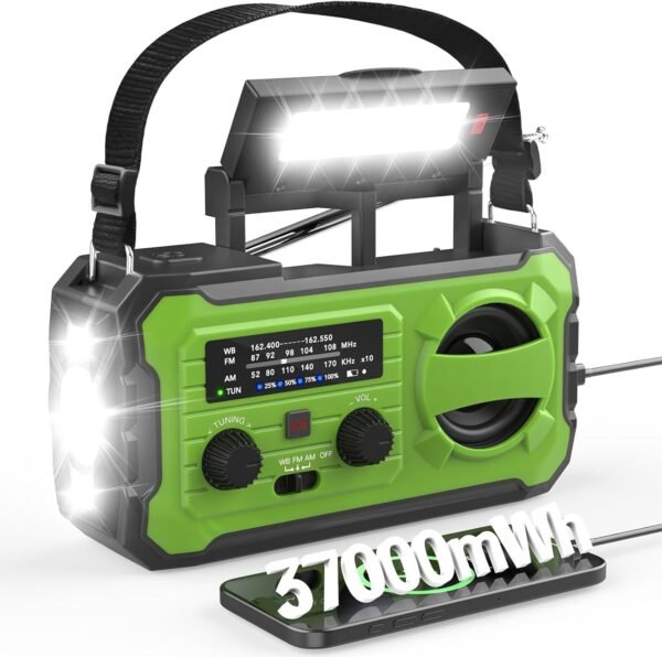 Emergency Weather Radio 37000mWh Solar Hank Crank Radio USB Charged with NOAA/AM/FM, Flashlight, Reading Light, SOS Alarm for Emergency Kit for Indoor Outdoor Power Outage Survival Essentials