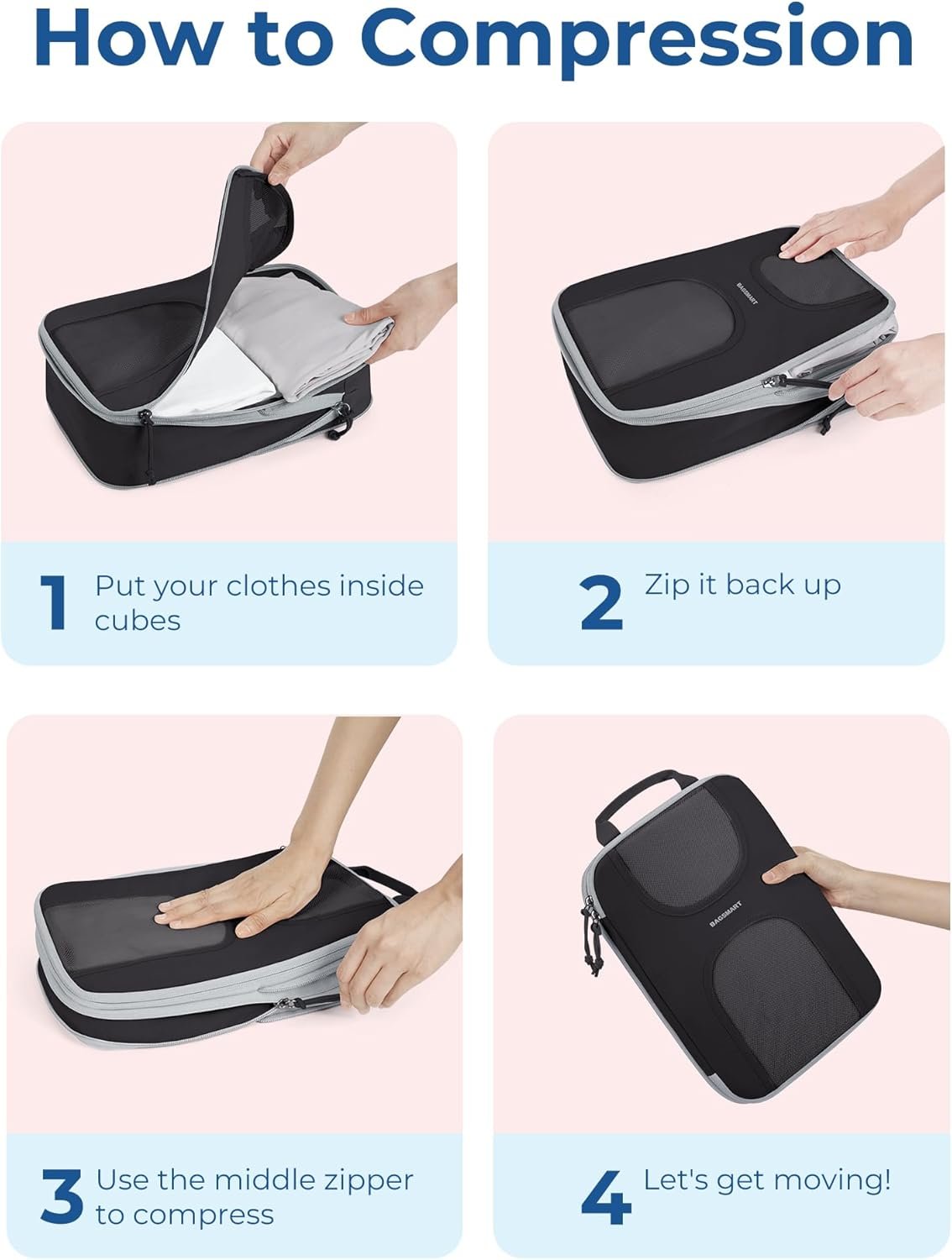 BAGSMART Compression Packing Cubes, 6 Set Packing Cubes for Suitcases, Lightweight Suitcases Organizers Bag Set & Compression Travel Cubes, Travel Essentials Packing Organizers Black - Image 3