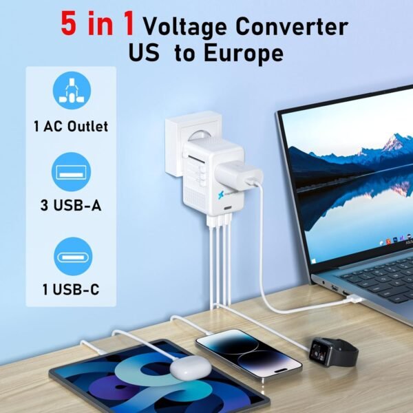 Mapambo Upgraded 220V to 110V Voltage Converter US to Europe Travel Adapter for Hair Dryers with Fast Charging International Universal Travel Adapter with 3 USB A and 1 USB C - Image 3