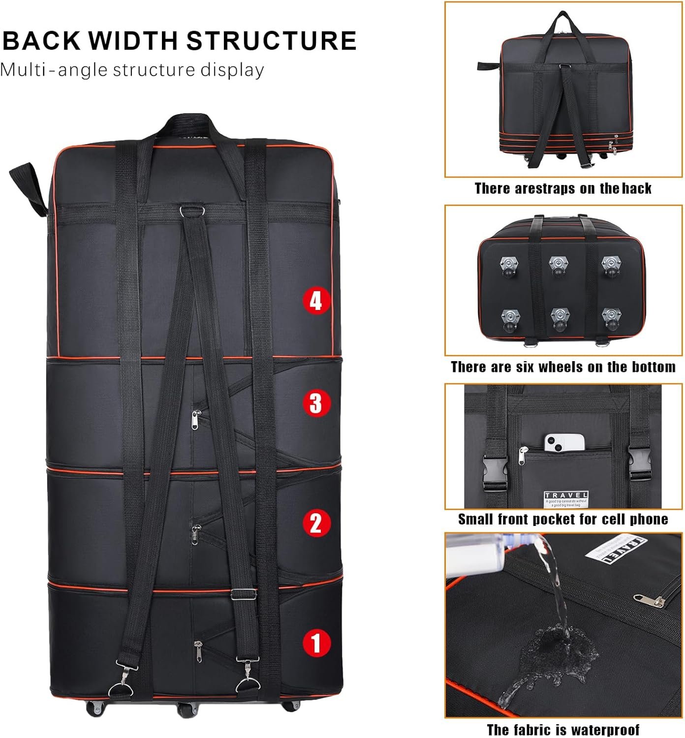 Expandable Large Capacity Travel Bag Oxford Cloth Duffel Bag with Wheels Lightweight Waterproof Travel Foldable Suitcase(Black) - Image 6