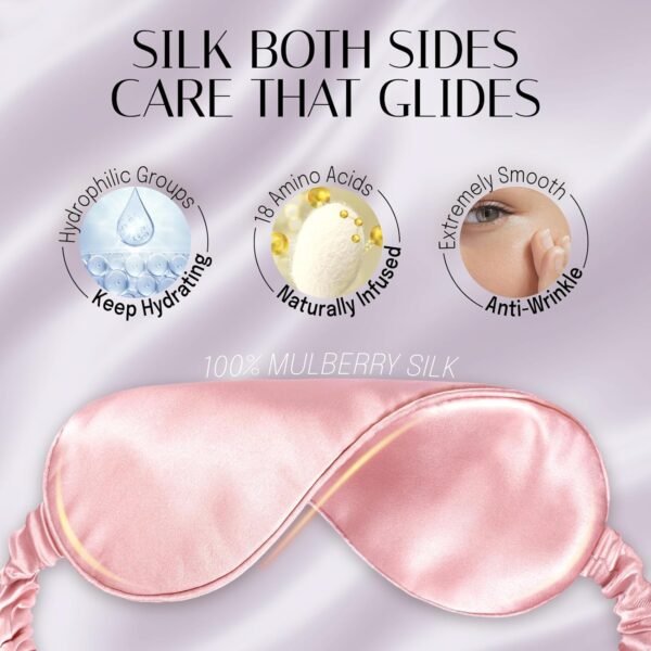 OLESILK Silk Sleep Mask, 100% Mulberry Silk Eye Mask for Sleeping, Double Layer Filling and Elastic Strap, Travel and Nap, Soft Eye Cover Eyeshade with Luxury Bag and Ear Plugs, Pink - Image 3