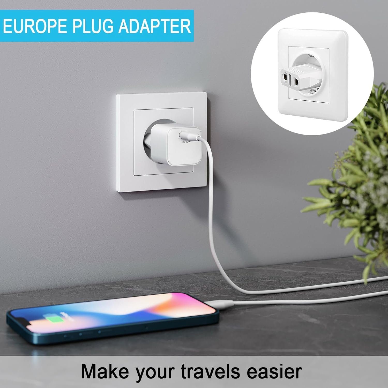 6 Pack European Travel Plug Adapter, US to Europe Plug Adapter, Type C Wall Outlet Converter for Europe, White - Image 2
