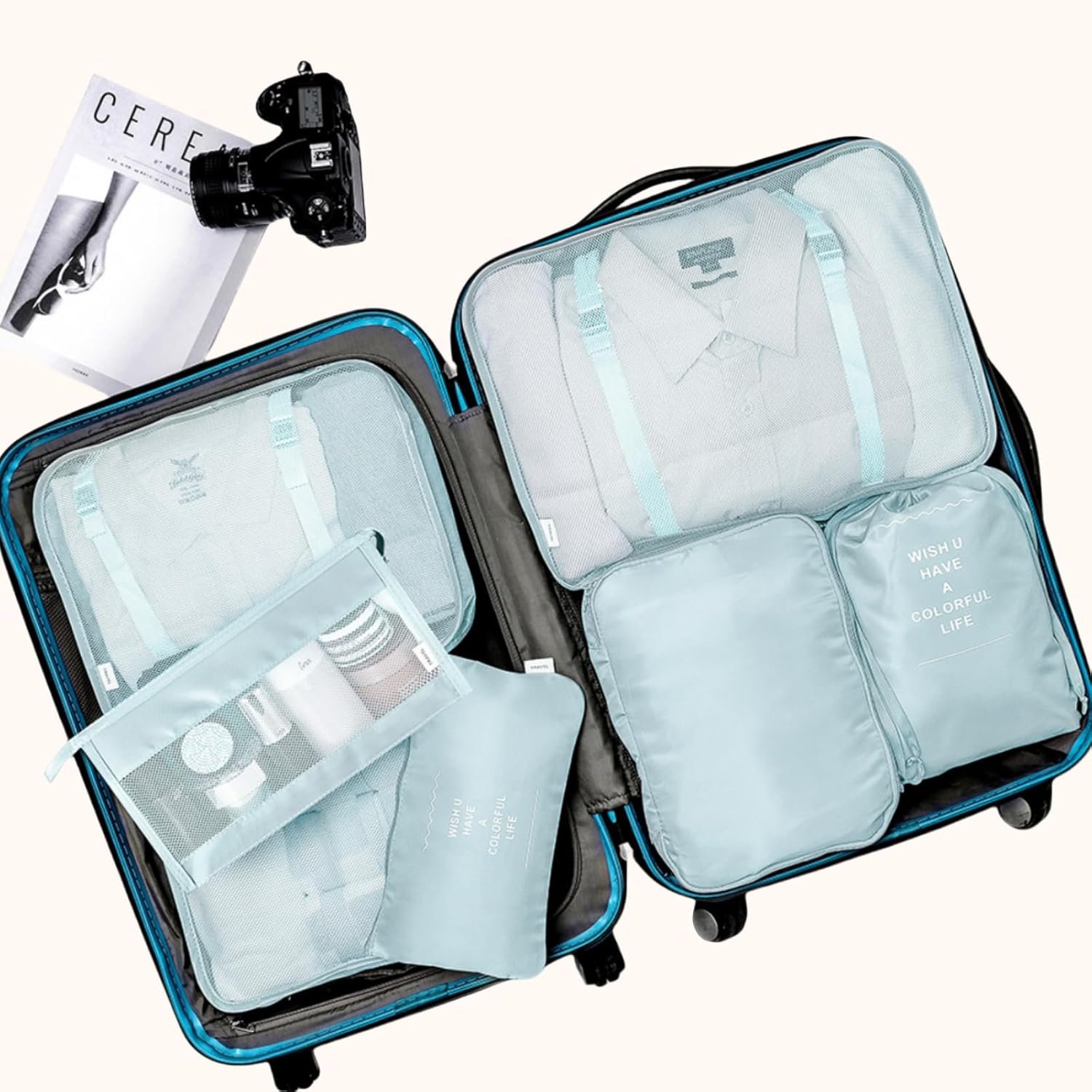 Packing Cubes 7 Pcs Travel Luggage Packing Organizers Set with Toiletry Bag (Pale blue) - Image 2