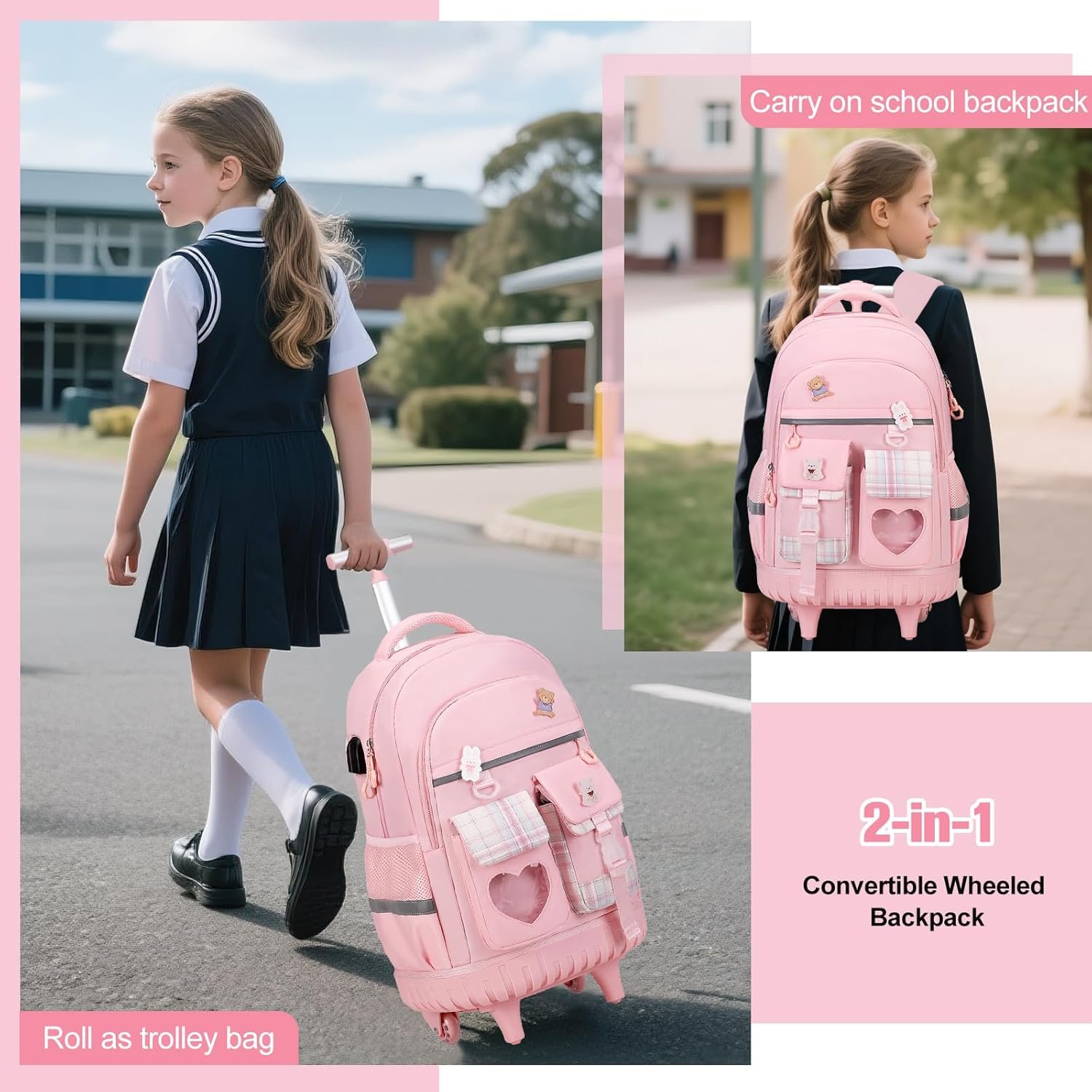 Rolling Backpack for Girls - Roller Wheels School Bookbag with Lunch Bag & Pencil Pouch for Teen Girls Kids Wheeled Suitcase Backpacks, Elementary Middle School Travel Daypack (Pink) - Image 7