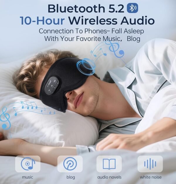 LC-dolida Bluetooth Sleep Mask with White Noise，Sleep Headphones,Bluetooth Wireless Music Eye Mask, Ideal for Travel, Night Work, Napping, Side Sleeping and Office Use for Both Men and Women(Black) - Image 4