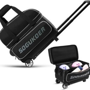 2 Bowling ball Bag with Wheels, Lightweight Trolley Double Ball Bowling bag with Large Separate Shoe Compartment and Oversized Accessory Pocket, Retractable Handle Extends To 39.5″