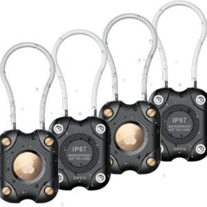 4 Pack Airtag Holder with Wire Cable, Secure Lock Airtag Keychain,IPX7 Waterproof,360°Hard Protective Air Tag Case Holder for Apple Air tag for Key Chain,Key Ring,Car,Luggage