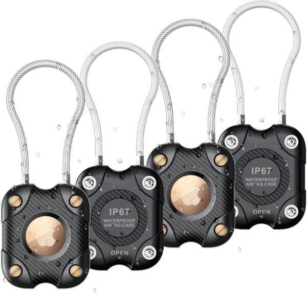 4 Pack Airtag Holder with Wire Cable, Secure Lock Airtag Keychain,IPX7 Waterproof,360°Hard Protective Air Tag Case Holder for Apple Air tag for Key Chain,Key Ring,Car,Luggage