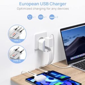 2 Pack Foldable European Travel Plug Adapter with 3 USB (1 USB-C Port) and 1 AC Power Outlet Charger for US to Most of Europe France Germany Spain and Italy (Type C/L)