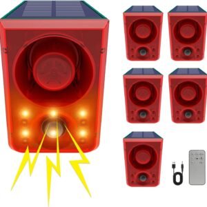 ChunHee Solar Outdoor Motion Sensor Alarm with Dog Barking Gunshot Sound, Support Recording and Adjustable Volume, 130db Loud Noise Maker 3 Work Modes Strobe Light for Home, Villa, Farm, Barn (6pack)