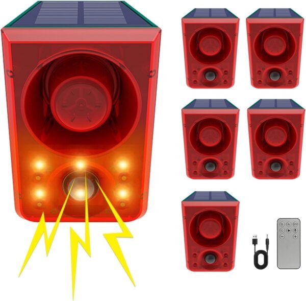 ChunHee Solar Outdoor Motion Sensor Alarm with Dog Barking Gunshot Sound, Support Recording and Adjustable Volume, 130db Loud Noise Maker 3 Work Modes Strobe Light for Home, Villa, Farm, Barn (6pack)