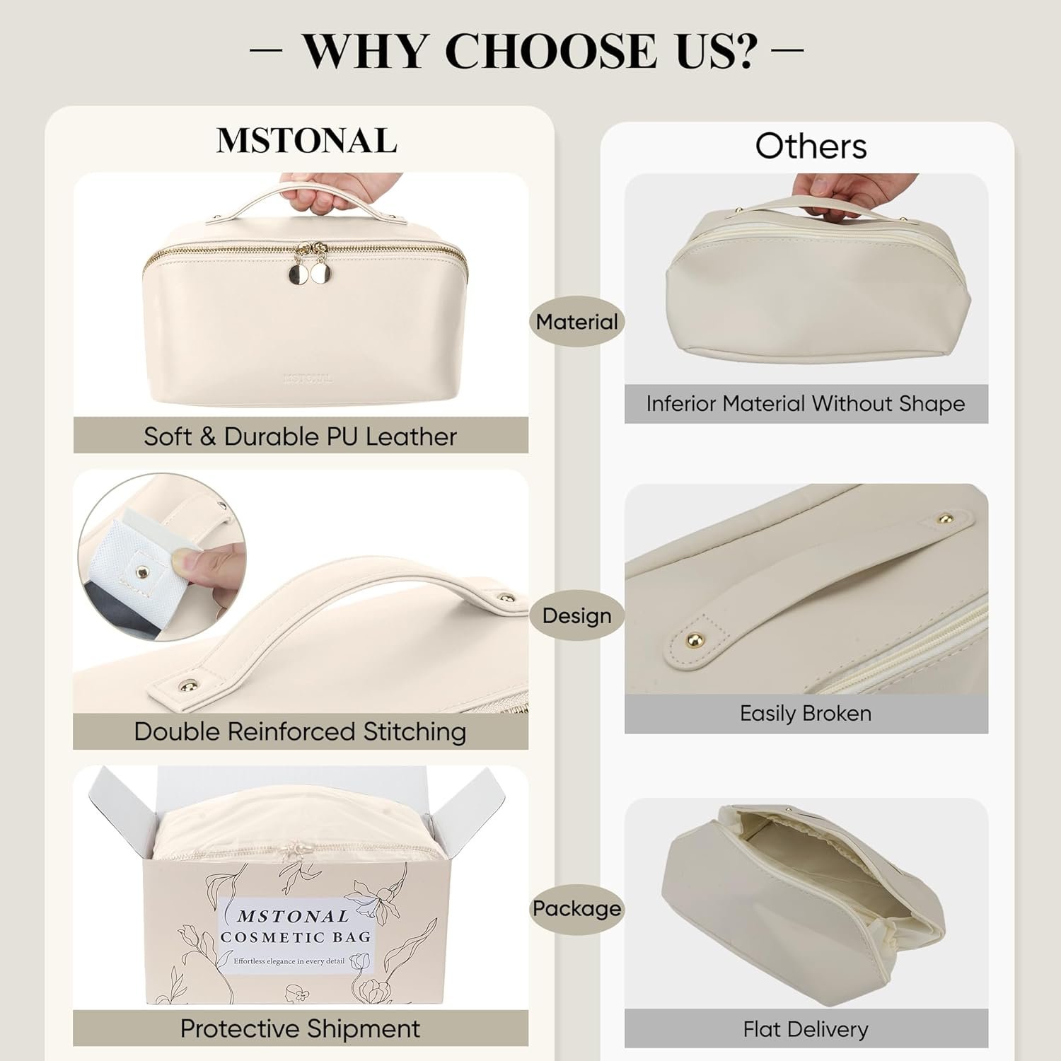 Travel Makeup Bag, Large Capacity Cosmetic Bags for Women, Waterproof Portable Pouch Open Flat Make up Organizer Bag with Dividers and Handle, Toiletry Bag for Essentials, Beige - Image 5