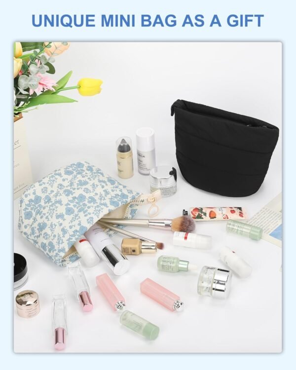 Small Makeup Bag, Portable Roomy Cosmetic Bag for Women, Floral Make Up Pouch, Mini Toiletry Bag Accessories Organizer for Trip, Office Stationery - Blue Flower - Image 7