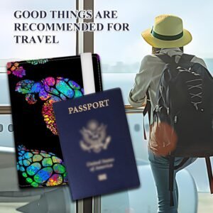 Passport Holder for Travel Essentials, RFID Premium Leather Passport Wallet Cover Case for Travel Must Haves Accessories, Passport Book Holders for Women Men Colorful Boho Tirtles