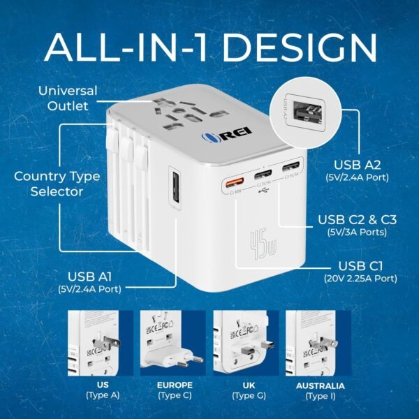 OREI 45Watt Universal Travel Adapter | 3X USBC 2XUSB A - 6-in-1 Universal Power Adapter | Universal Chargers for All Devices Compatible 150+ Countries | Type C, A, G, I Compatible - Image 9