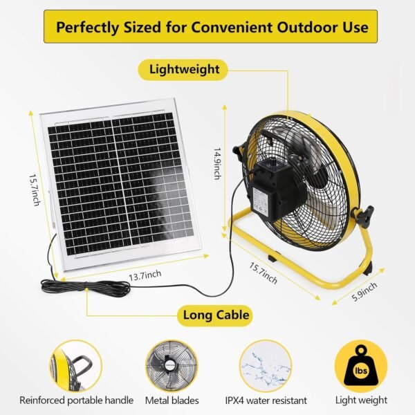 12" Solar Battery Operated Fan,Portable Solar Powered Fan,Rechargeable Floor Fan with 15000mAh Large Battery, Quiet Operation for Camping, Greenhouse, Home, Outdoor, and Summer Use - Image 5