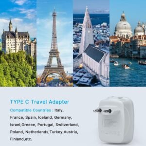 2 Pack European Travel Plug Adapter, VINTAR International Power Plug Adapter with 1 USB C, 2 American Outlets and 3 USB Ports, 6 in 1 Travel Essentials to Most of Europe Greece, Italy(Type C)