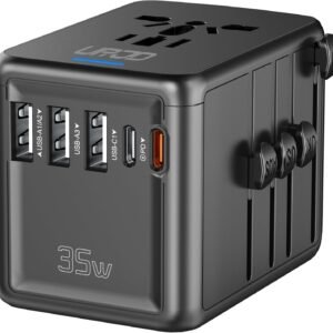 Universal Travel Adapter 35W PD Fast Charging Offers 3 USB-A Ports, 2 USB-C Ports and Multi AC Outlet, International Plug Adapter Worldwide Travel Charger All in One for EU US UK AUS