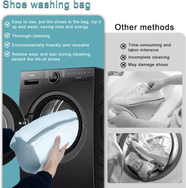 XXL Shoe Washing Machine Bag - 2 Reusable 360° Deep Clean Shoe Washing Bag for Washer and Dryer, Durable Zipper Laundry Shoe Bag Kit Include Laundry Bag for Delicates/Bra Laundry Bags (White) - Image 3