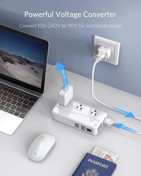 BESTEK Universal Travel Adapter 220V to 110V Voltage Converter with 6A 4-Port USB Charging and UK/AU/US/EU Worldwide Plug Adapter (White) - Image 4
