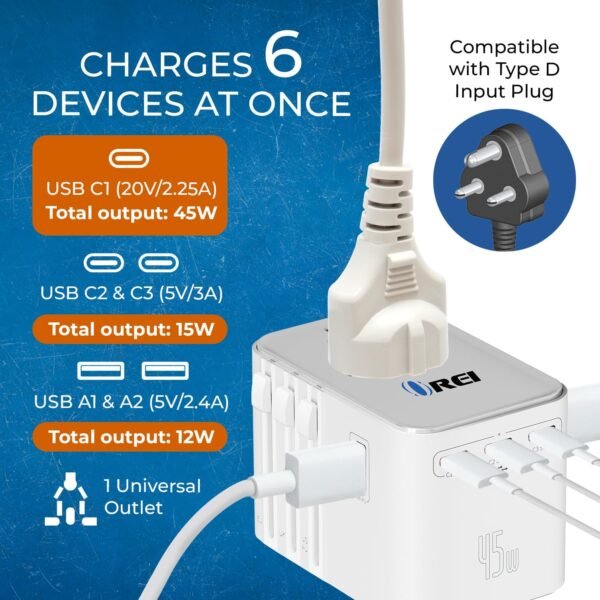 OREI 45Watt Universal Travel Adapter | 3X USBC 2XUSB A - 6-in-1 Universal Power Adapter | Universal Chargers for All Devices Compatible 150+ Countries | Type C, A, G, I Compatible - Image 6