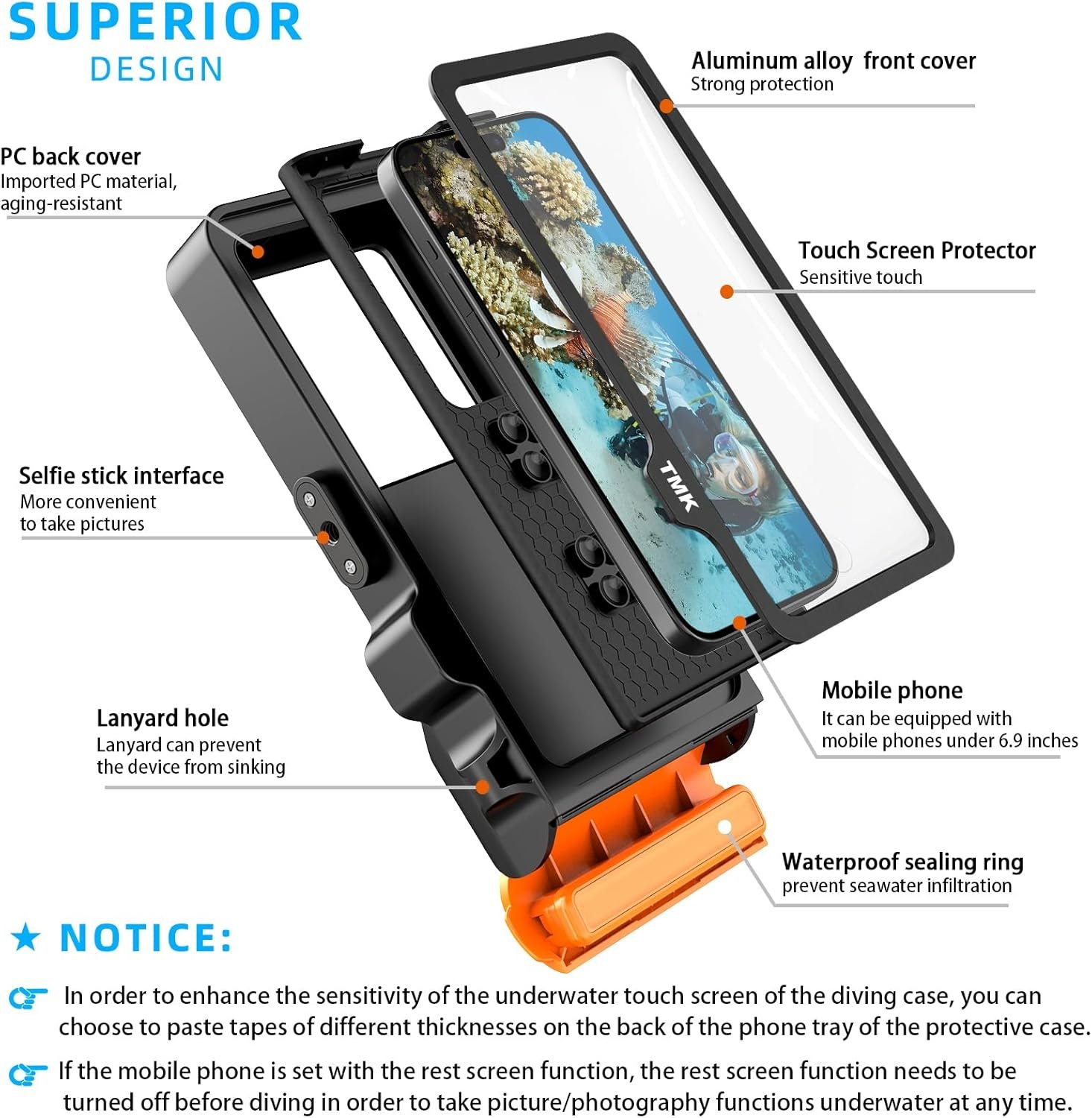 Professional Diving Waterproof Phone Case, Outdoor Swimming Snorkeling Surfing Underwater Touch Screen Photo Video Housing for iPhone 16 Pro Max Samsung S25 Ultra No More Than 6.9 Inch Smartphones - Image 7