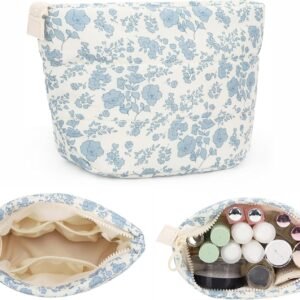 Small Makeup Bag, Portable Roomy Cosmetic Bag for Women, Floral Make Up Pouch, Mini Toiletry Bag Accessories Organizer for Trip, Office Stationery – Blue Flower