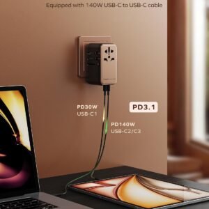MOMAX Universal Travel Adapter, 170W GaN International Power Adapter, 2 USB-C 2 USB-A, Worldwide Travel Plug Adapter, International Power Adapter for Most Europe, USA, Japan, Australia (Type C/A/G/I)