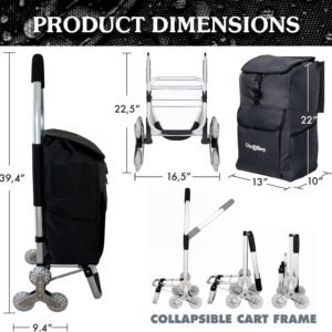 Ultra-Lightweight Foldable Stair-Climbing Shopping Cart for Groceries – 42L Capacity, Six Wheels, Removable Insulated Bag, Durable Aluminum Frame,Multi-Function Personal Hand Truck, Black
