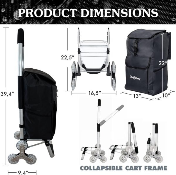 Ultra-Lightweight Foldable Stair-Climbing Shopping Cart for Groceries - 42L Capacity, Six Wheels, Removable Insulated Bag, Durable Aluminum Frame,Multi-Function Personal Hand Truck, Black - Image 2
