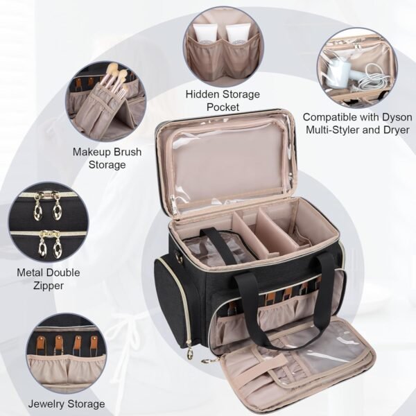 Large Makeup Bag, Portable Travel Makeup Bag Organizer for Women Girls with 2 Removable Pouches & Detachable Dividers, Cosmetic Travel Bag, Toiletry Bag for Makeup and Hair Supplies Black - Image 3