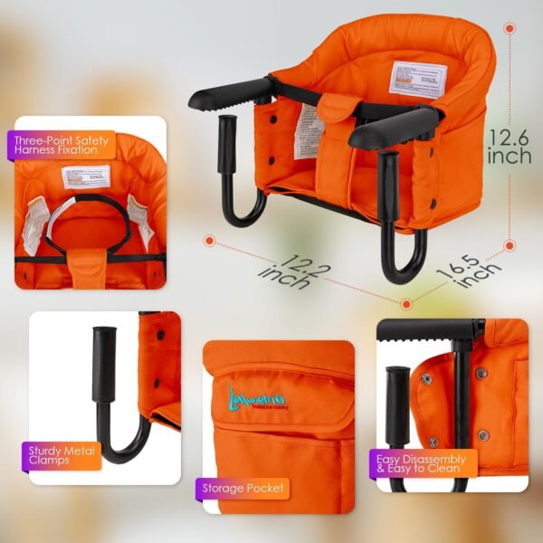 Hook on High Chair,Portable Foldable High Chair for Babies 6-36 Months, Includes Storage Bag (Orange) - Image 8