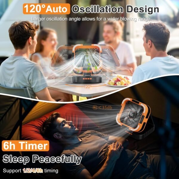 Portable Camping Fan with Solar Panel, 10000mAh Solar Powered fan, 6 Speed Levels, 120° Oscillation, 3 Light Modes, 6H Timer, Handle, Foldable Rechargeable Outdoor Fan for Tent, Hiking, Beach - Image 4