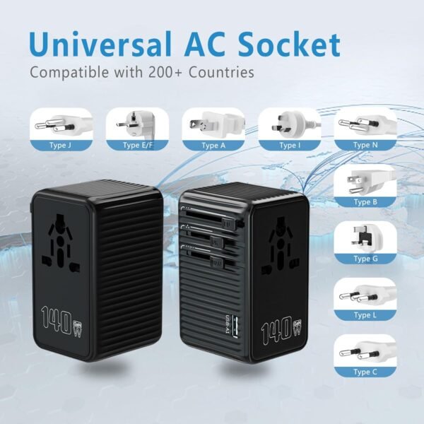 140W Universal Travel Adapter, Global Outlet Converter, Quick Charger with 3USB- C+1 USB A Ports, All-in-One Wall Charger, Travel Essentials Multifunction Product