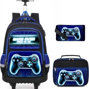 Bevalsa Rolling Backpack for Boys, 3PCS Gamer Roller School Backpacks with Lunch Box & Pen Case, Kids Bookbag Schoolbag with Wheels for Teen Boy Kindergarten Elementary Middle School