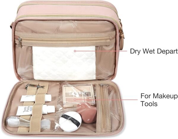 BAGSMART Toiletry Bag for Women, Large Toiletry Bag Water-resistant Makeup Cosmetic Organizer Bag Door Room Essentials for Accessories, Shampoo, Full Sized Container, Toiletries (Medium, Pink) - Image 4